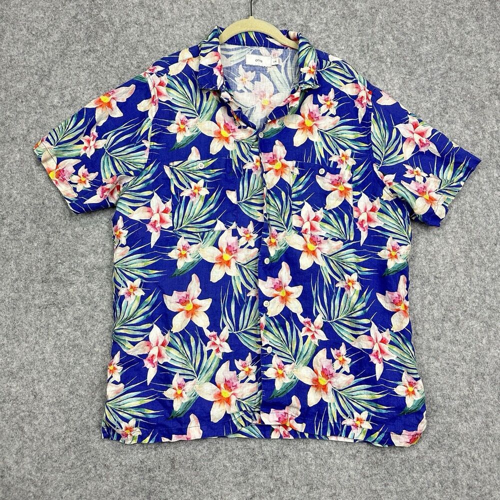 Onia Linen Shirt Men L Blue Floral Hawaiian Button Up Chest Pockets Resort Beach